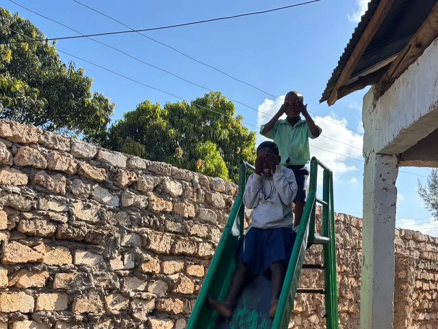 Niños bajando por el tobogán del patio